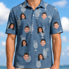 Model wearing Men's Retro Rhumba Custom Face Polo Shirt printed with kids' faces