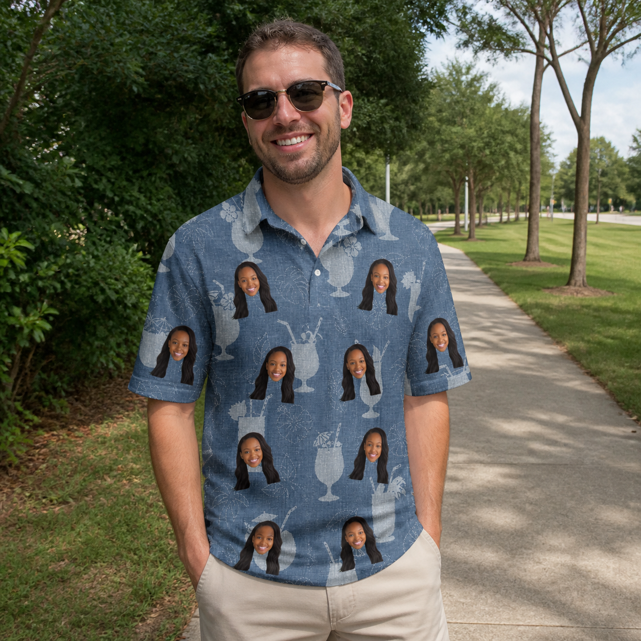 Real-life photo of someone wearing Men's Retro Rhumba Custom Face Polo Shirt — custom faces printed all-over