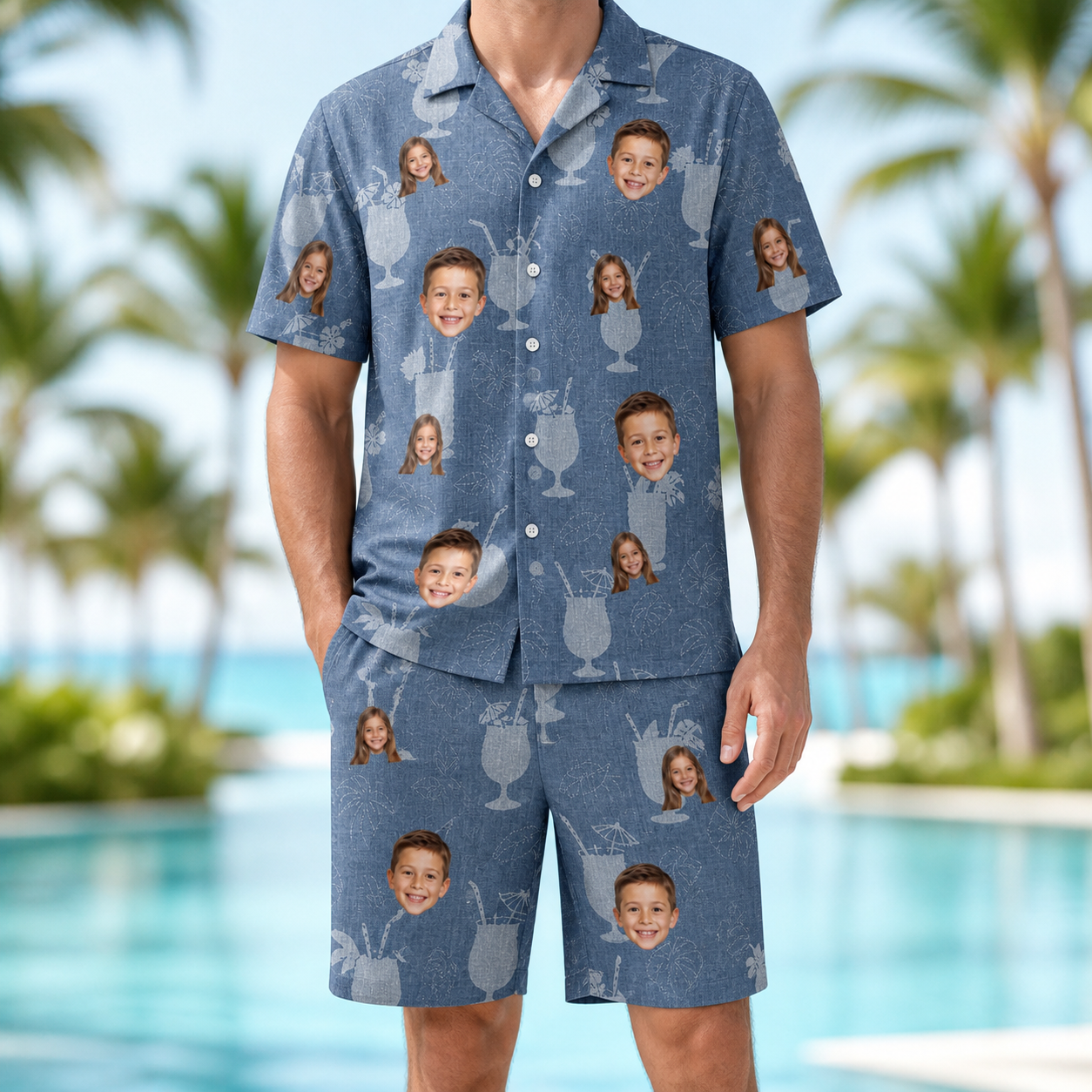 Model wearing Men's Retro Rhumba Custom Face Shirt & Shorts Set printed with kids' faces