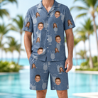 Model wearing Men's Retro Rhumba Custom Face Shirt & Shorts Set printed with kids' faces