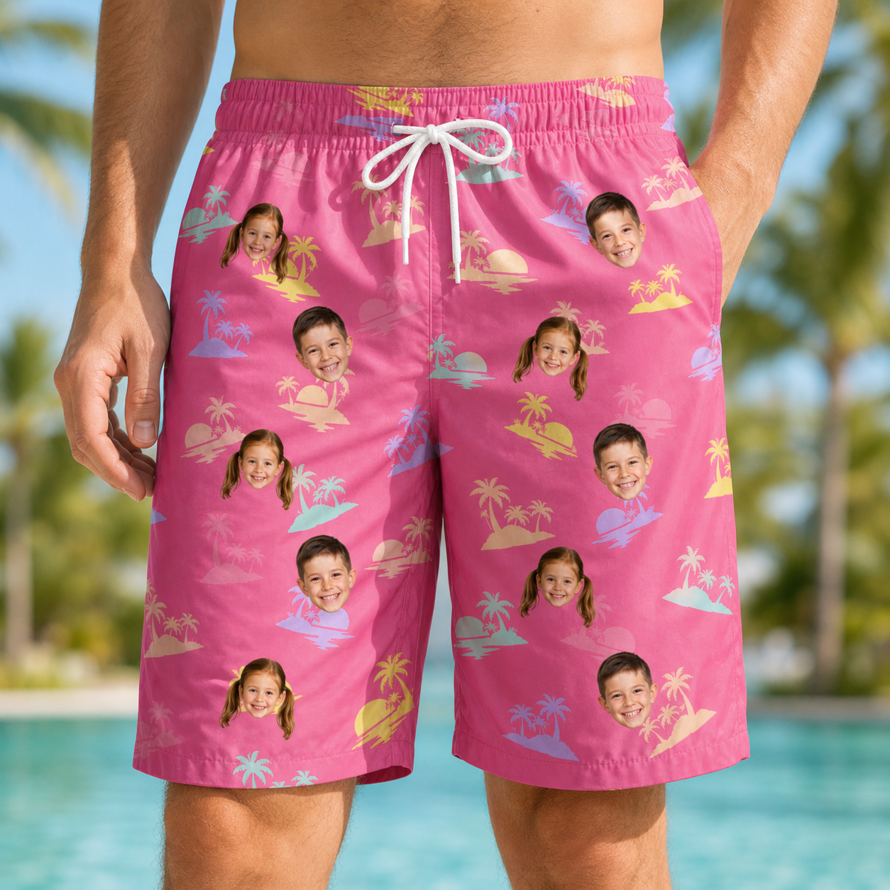 Model wearing Men's Heatwave Hacienda Custom Face Beach Shorts printed with kids' faces
