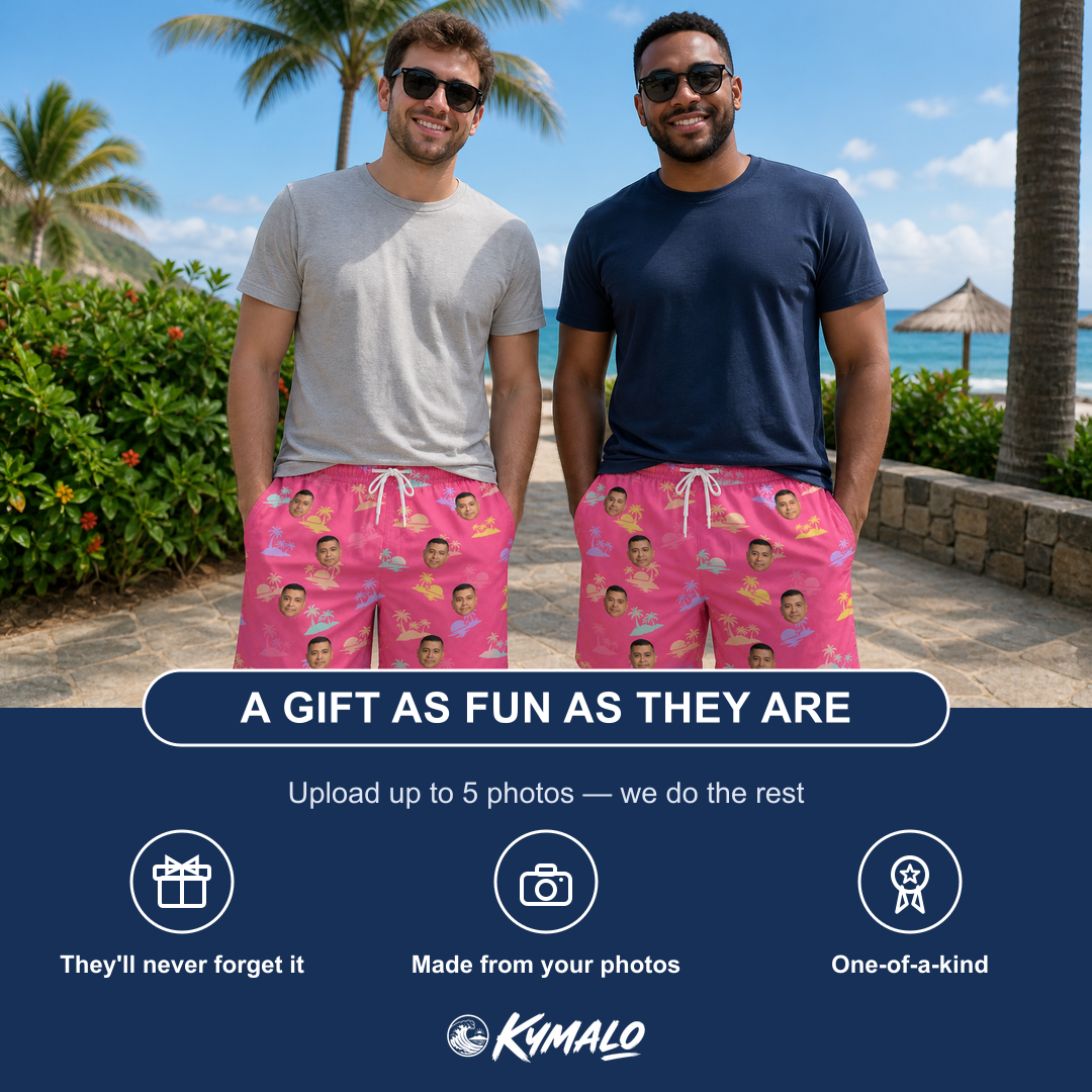 Friends in matching Men's Heatwave Hacienda Custom Face Beach Shorts — a group gift photo