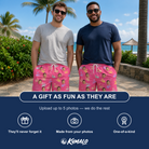 Friends in matching Men's Heatwave Hacienda Custom Face Beach Shorts — a group gift photo
