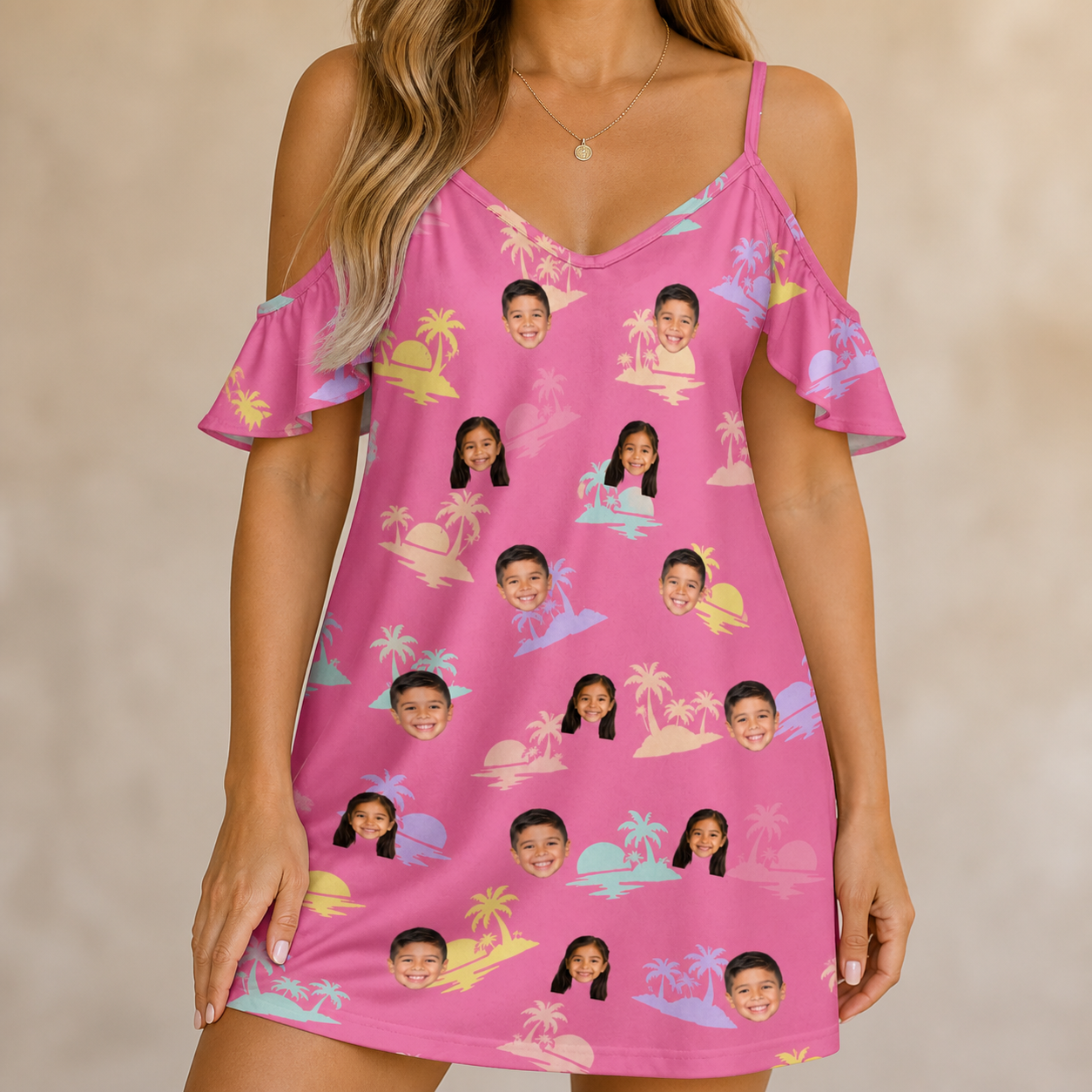 Model wearing Women's Heatwave Hacienda Custom Face Off-Shoulder Dress printed with kids' faces