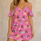 Model wearing Women's Heatwave Hacienda Custom Face Off-Shoulder Dress printed with kids' faces
