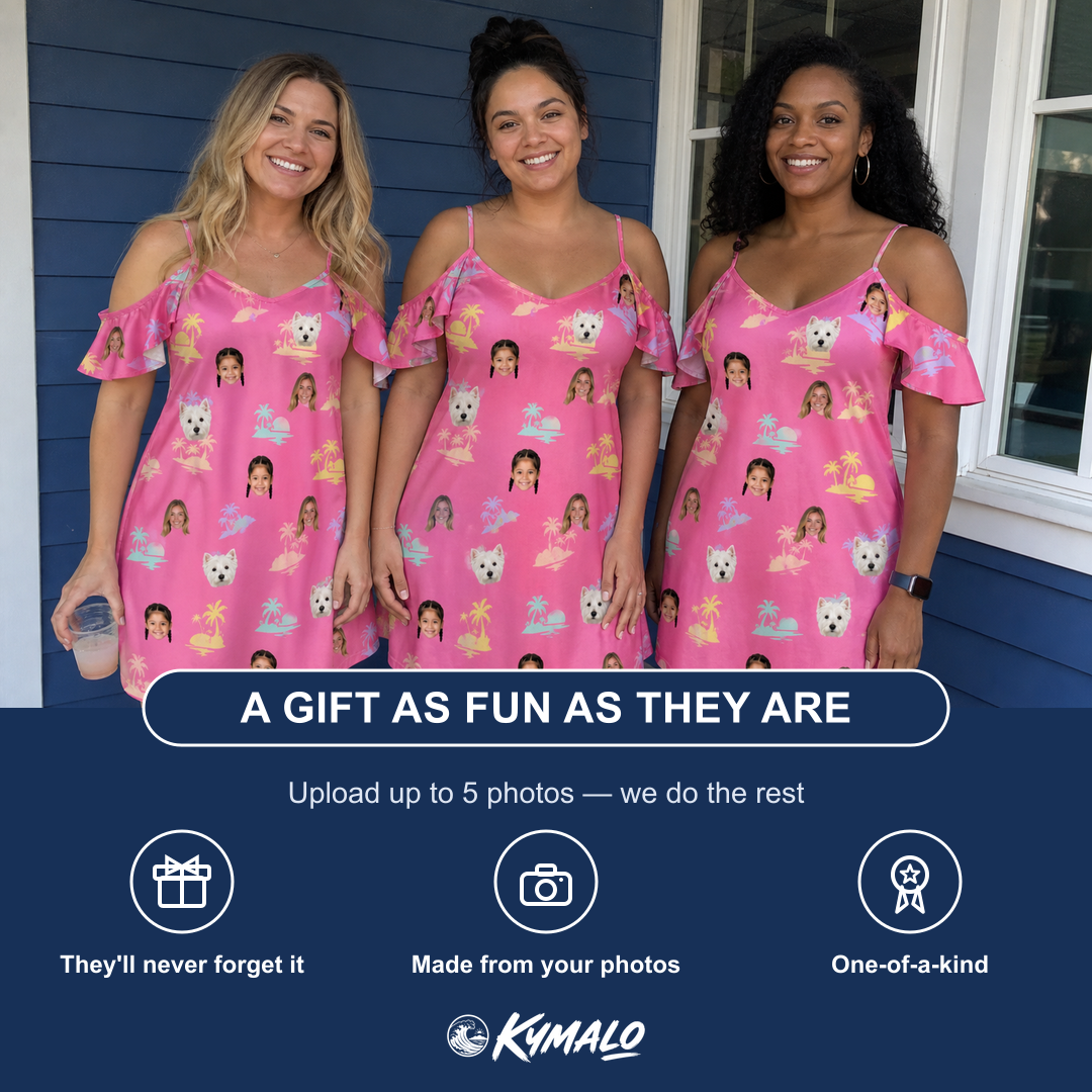Friends in matching Women's Heatwave Hacienda Custom Face Off-Shoulder Dress — a group gift photo