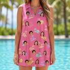 Model wearing Women's Heatwave Hacienda Custom Face V-Neck Dress printed with kids' faces