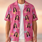Man wearing Men's Heatwave Hacienda Custom Face Hawaiian Shirt open over a white tee