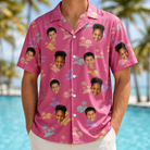 Model wearing Men's Heatwave Hacienda Custom Face Hawaiian Shirt printed with kids' faces