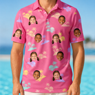 Model wearing Men's Heatwave Hacienda Custom Face Polo Shirt printed with kids' faces