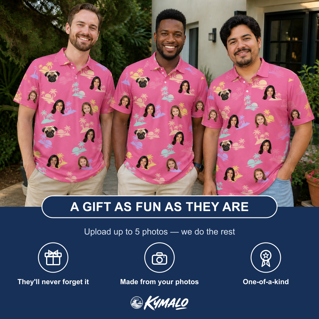 Friends in matching Men's Heatwave Hacienda Custom Face Polo Shirt — a group gift photo