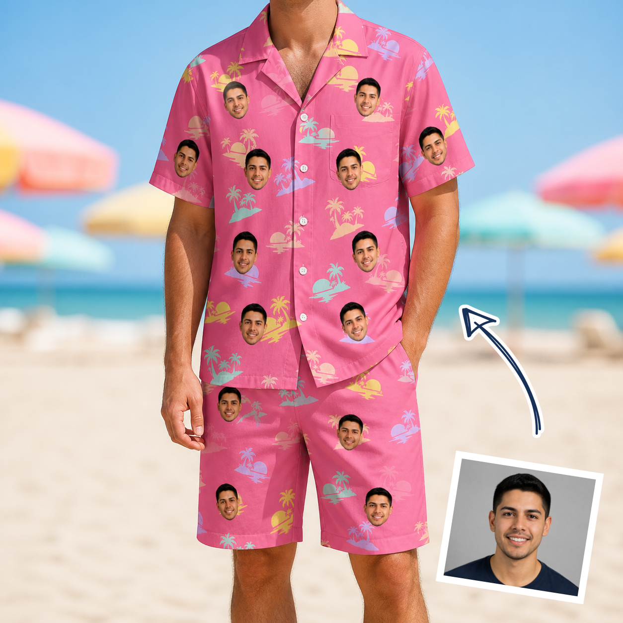 Man wearing Men's Heatwave Hacienda Custom Face Shirt & Shorts Set — custom faces printed all-over
