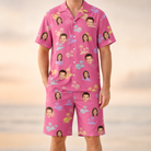 Model wearing Men's Heatwave Hacienda Custom Face Shirt & Shorts Set printed with kids' faces
