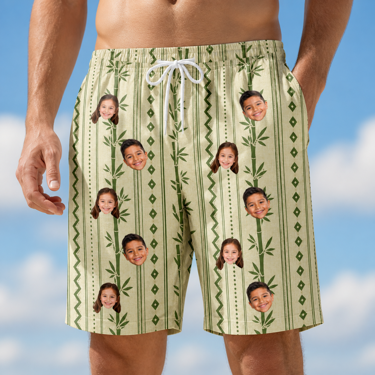 Model wearing Men's Culm Conga Custom Face Beach Shorts printed with kids' faces