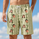 Model wearing Men's Culm Conga Custom Face Beach Shorts printed with kids' faces