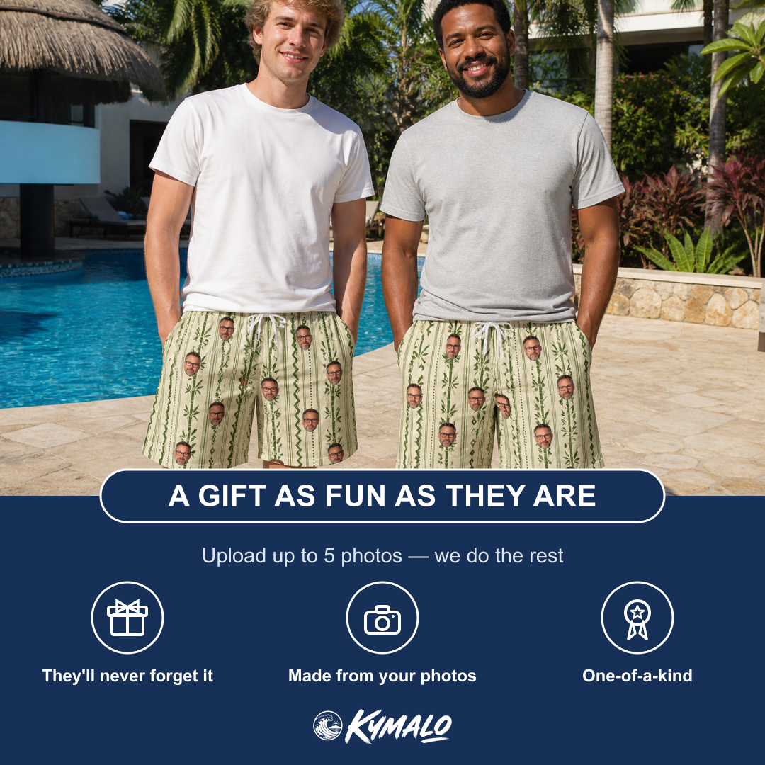 Friends in matching Men's Culm Conga Custom Face Beach Shorts — a group gift photo