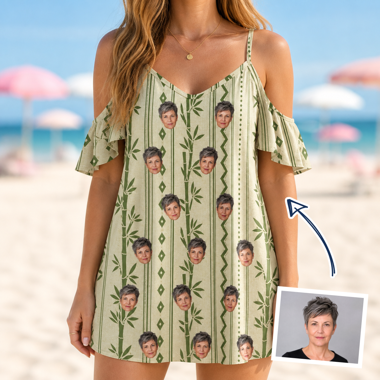 Woman wearing Women's Culm Conga Custom Face Off-Shoulder Dress — custom faces printed all-over