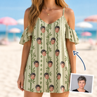 Woman wearing Women's Culm Conga Custom Face Off-Shoulder Dress — custom faces printed all-over