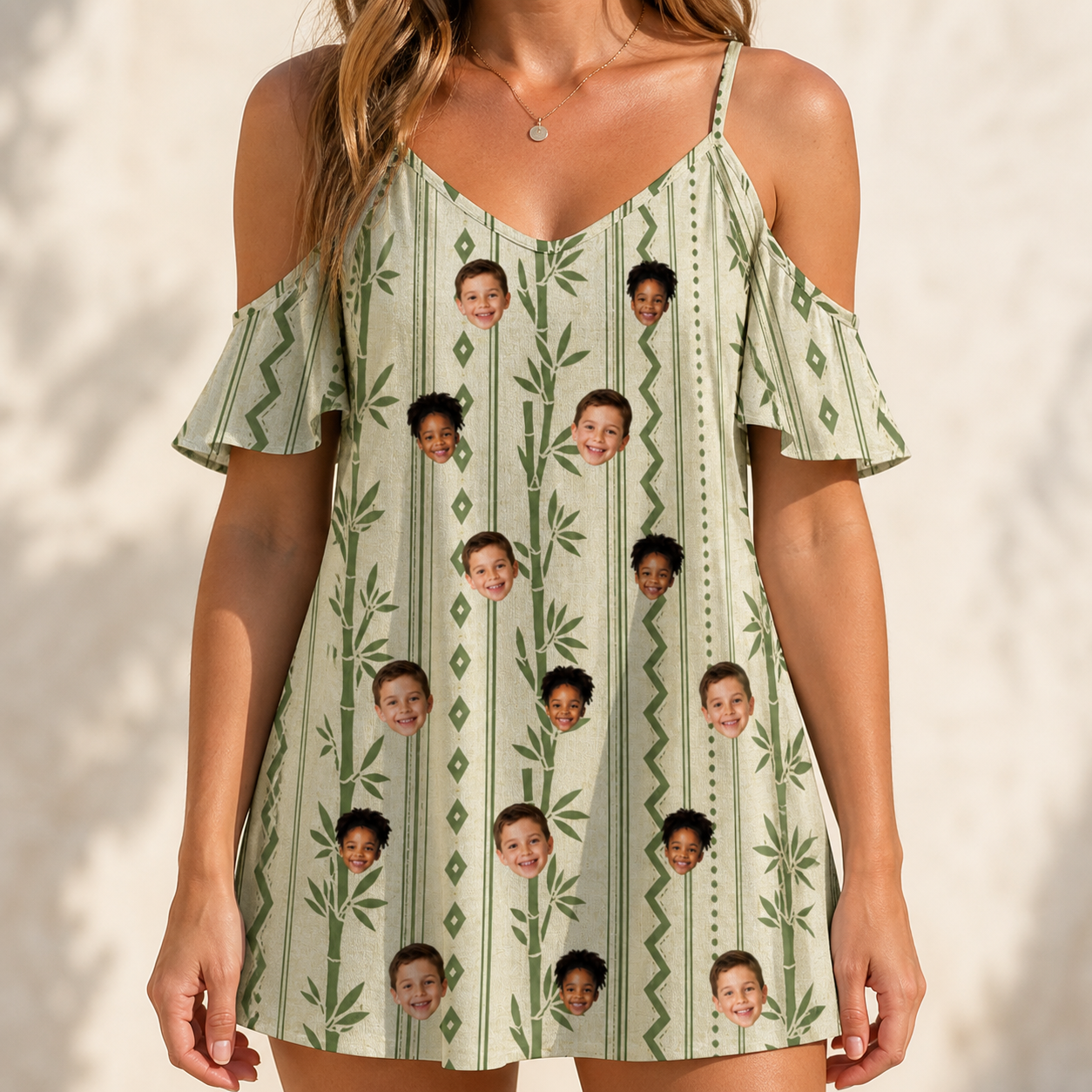 Model wearing Women's Culm Conga Custom Face Off-Shoulder Dress printed with kids' faces