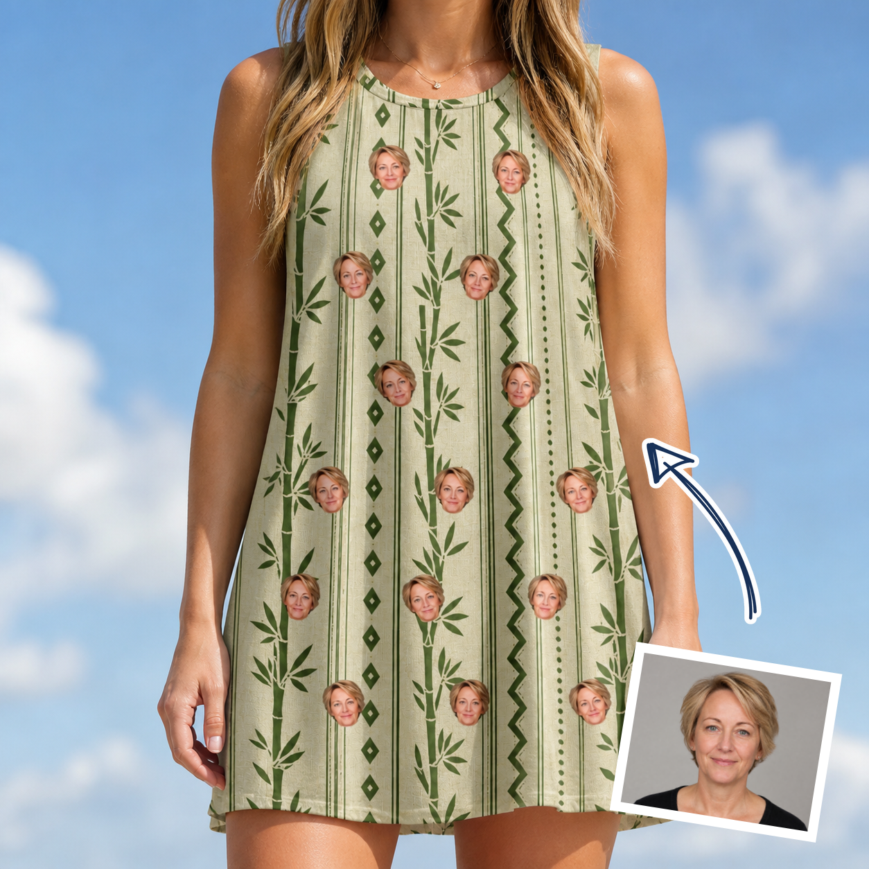 Woman wearing Women's Culm Conga Custom Face Tank Dress — custom faces printed all-over
