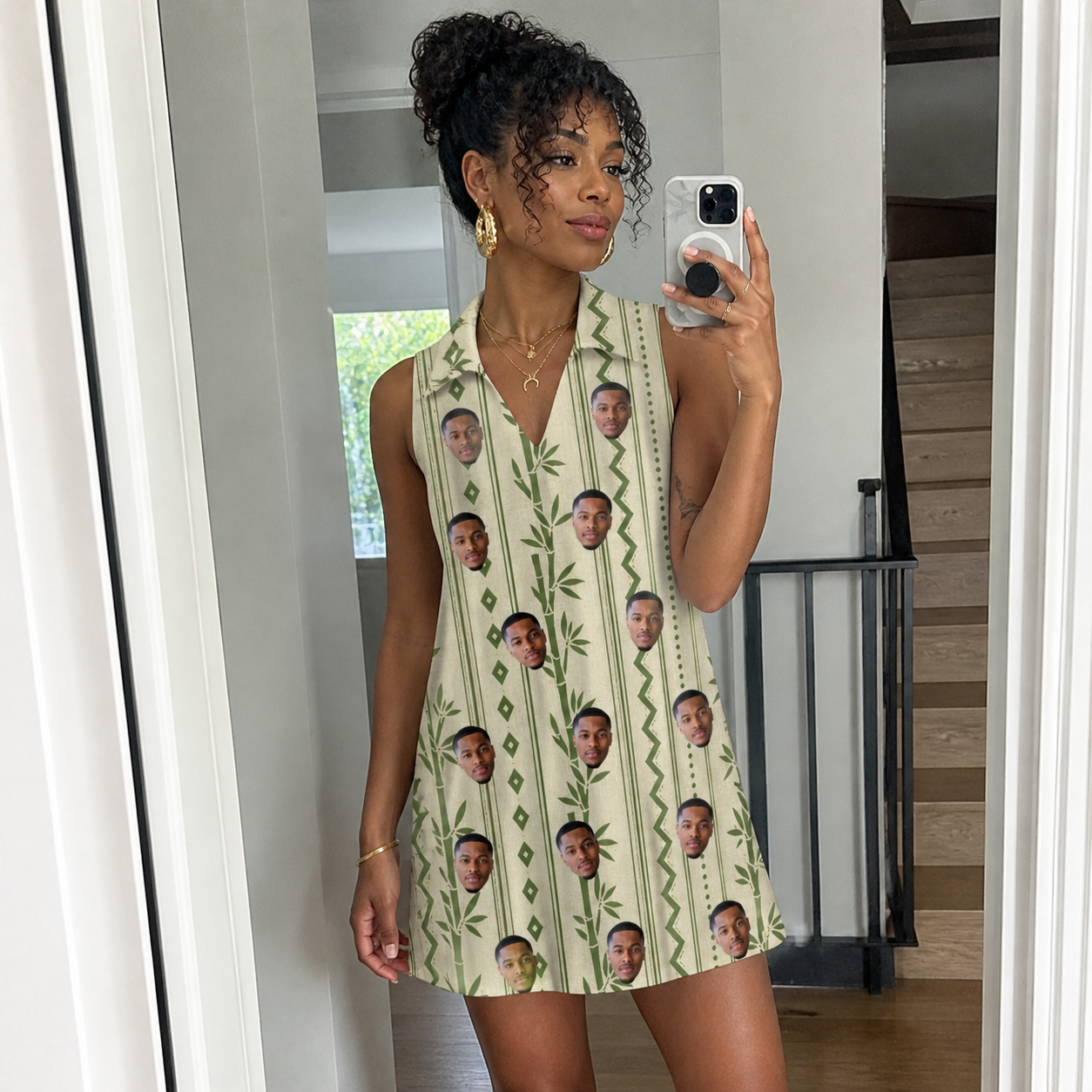 Real-life photo of someone wearing Women's Culm Conga Custom Face V-Neck Dress — custom faces printed all-over