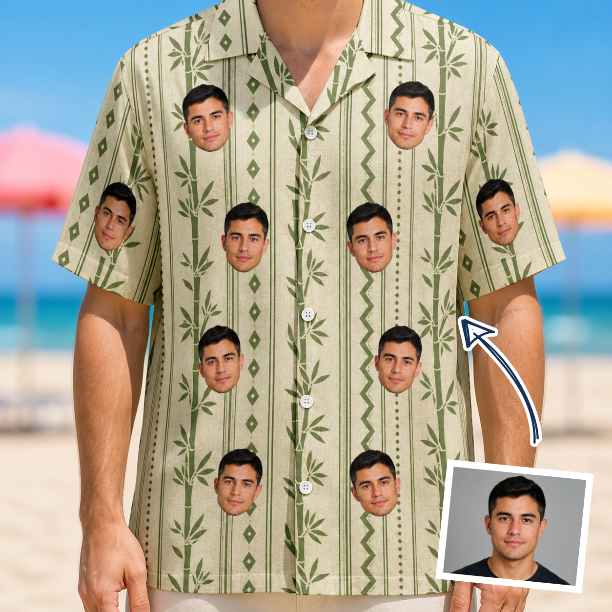 Man wearing Men's Culm Conga Custom Face Hawaiian Shirt — custom faces printed all-over