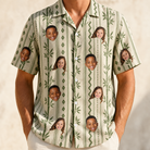 Model wearing Men's Culm Conga Custom Face Hawaiian Shirt printed with kids' faces