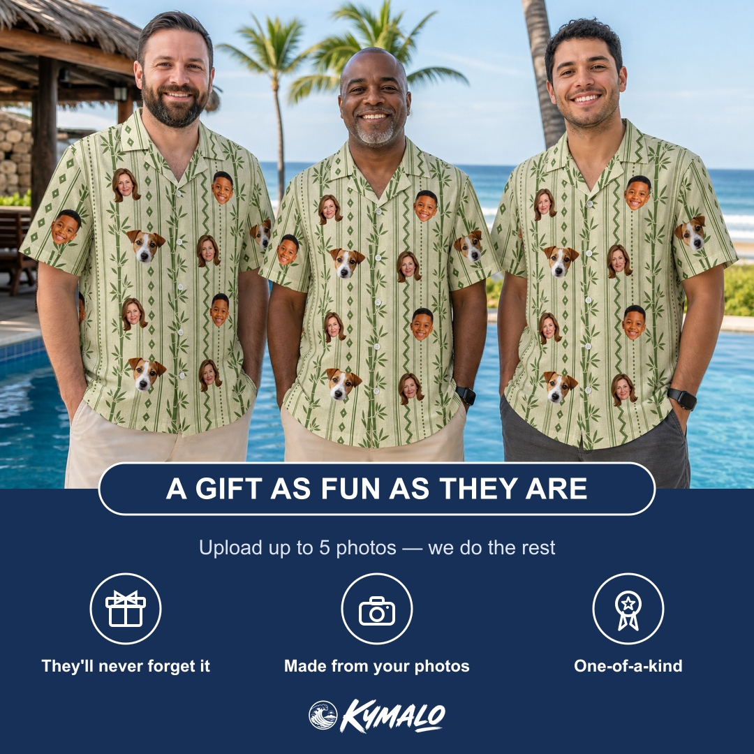 Friends in matching Men's Culm Conga Custom Face Hawaiian Shirt — a group gift photo