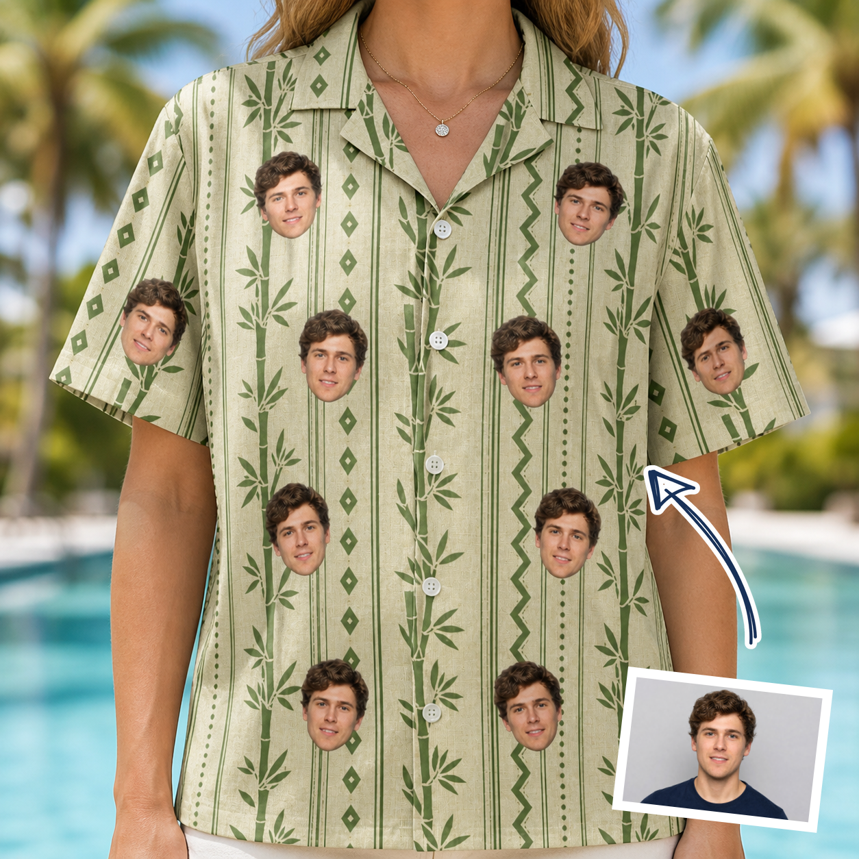 Woman wearing Women's Culm Conga Custom Face Hawaiian Shirt — custom faces printed all-over