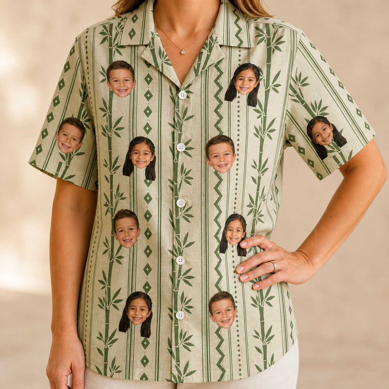 Model wearing Women's Culm Conga Custom Face Hawaiian Shirt printed with kids' faces