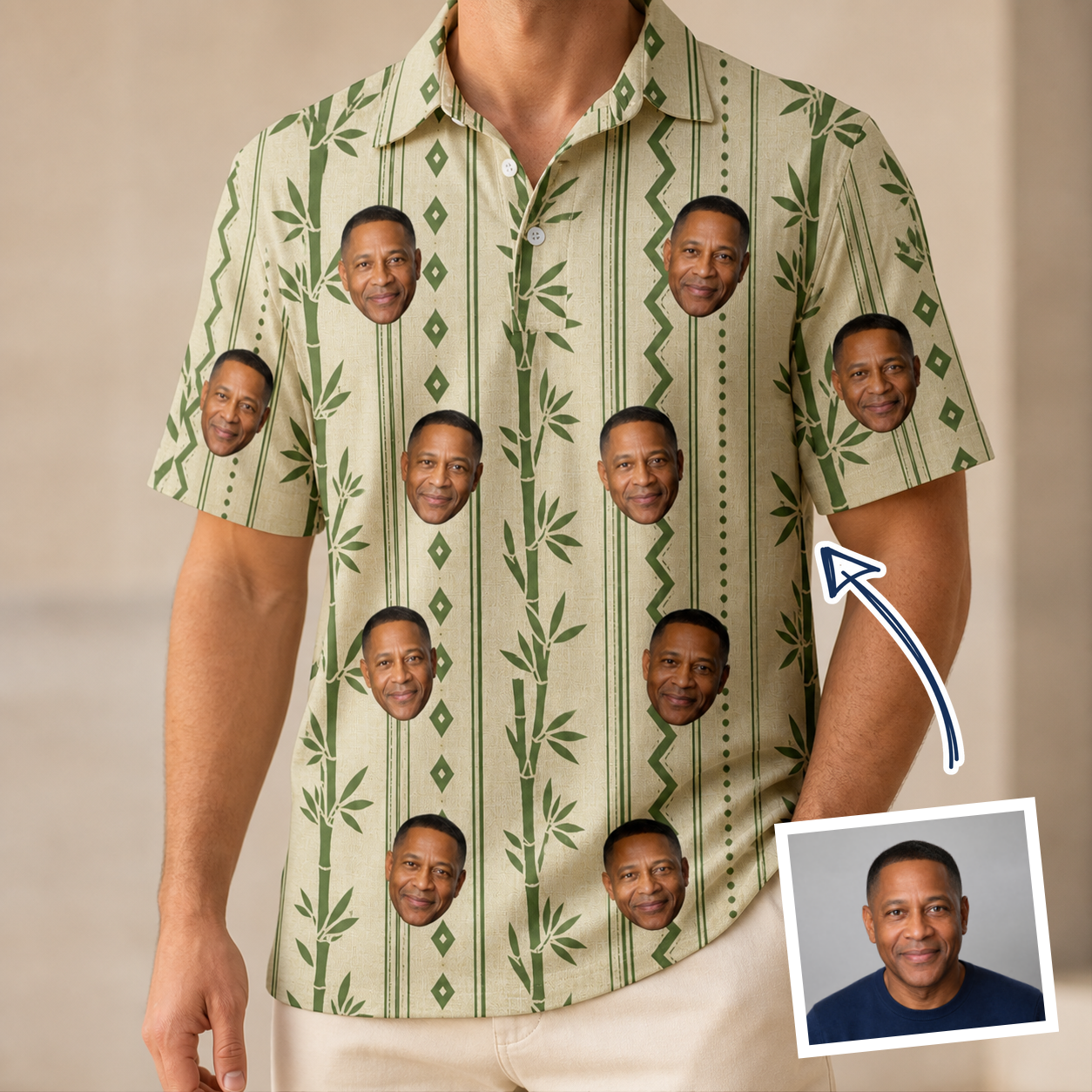 Man wearing Men's Culm Conga Custom Face Polo Shirt — custom faces printed all-over