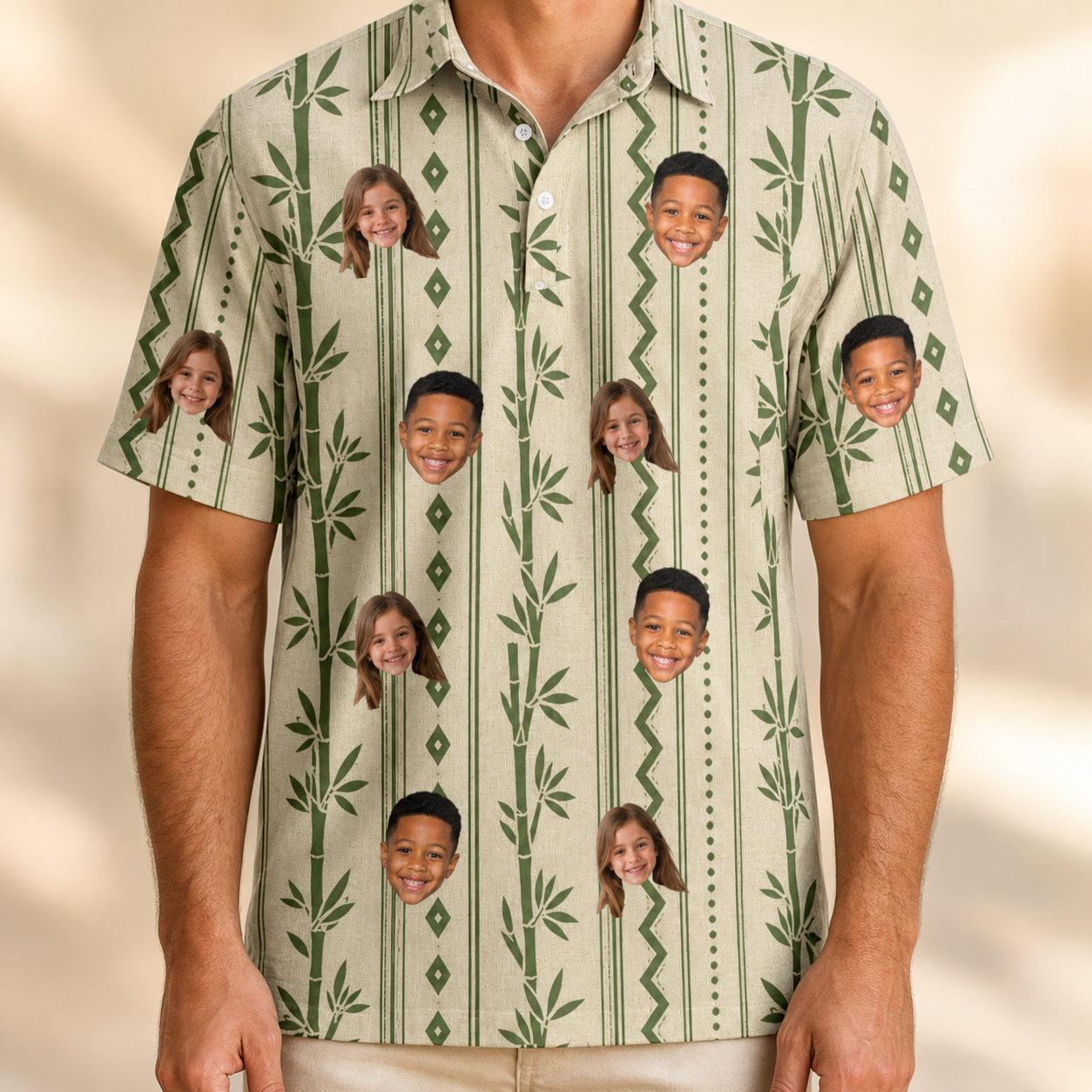 Model wearing Men's Culm Conga Custom Face Polo Shirt printed with kids' faces