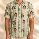 Model wearing Men's Culm Conga Custom Face Polo Shirt printed with kids' faces