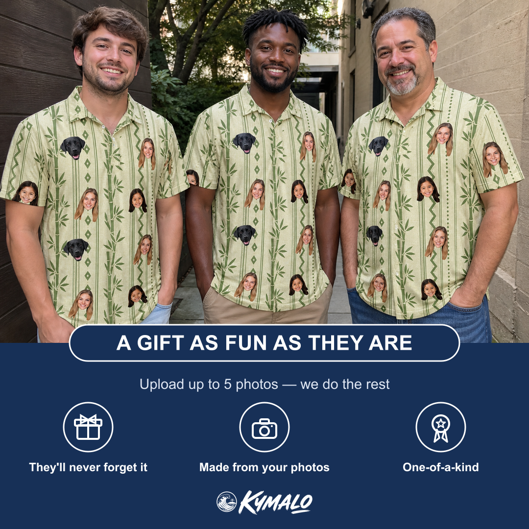 Friends in matching Men's Culm Conga Custom Face Polo Shirt — a group gift photo