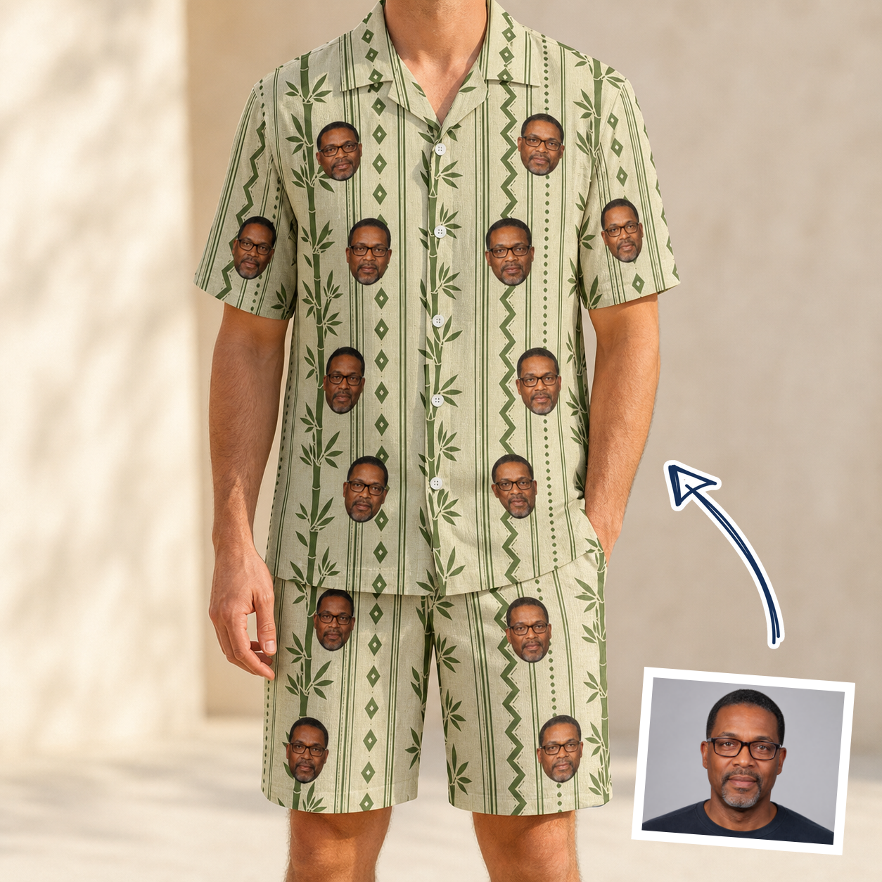 Man wearing Men's Culm Conga Custom Face Shirt & Shorts Set — custom faces printed all-over