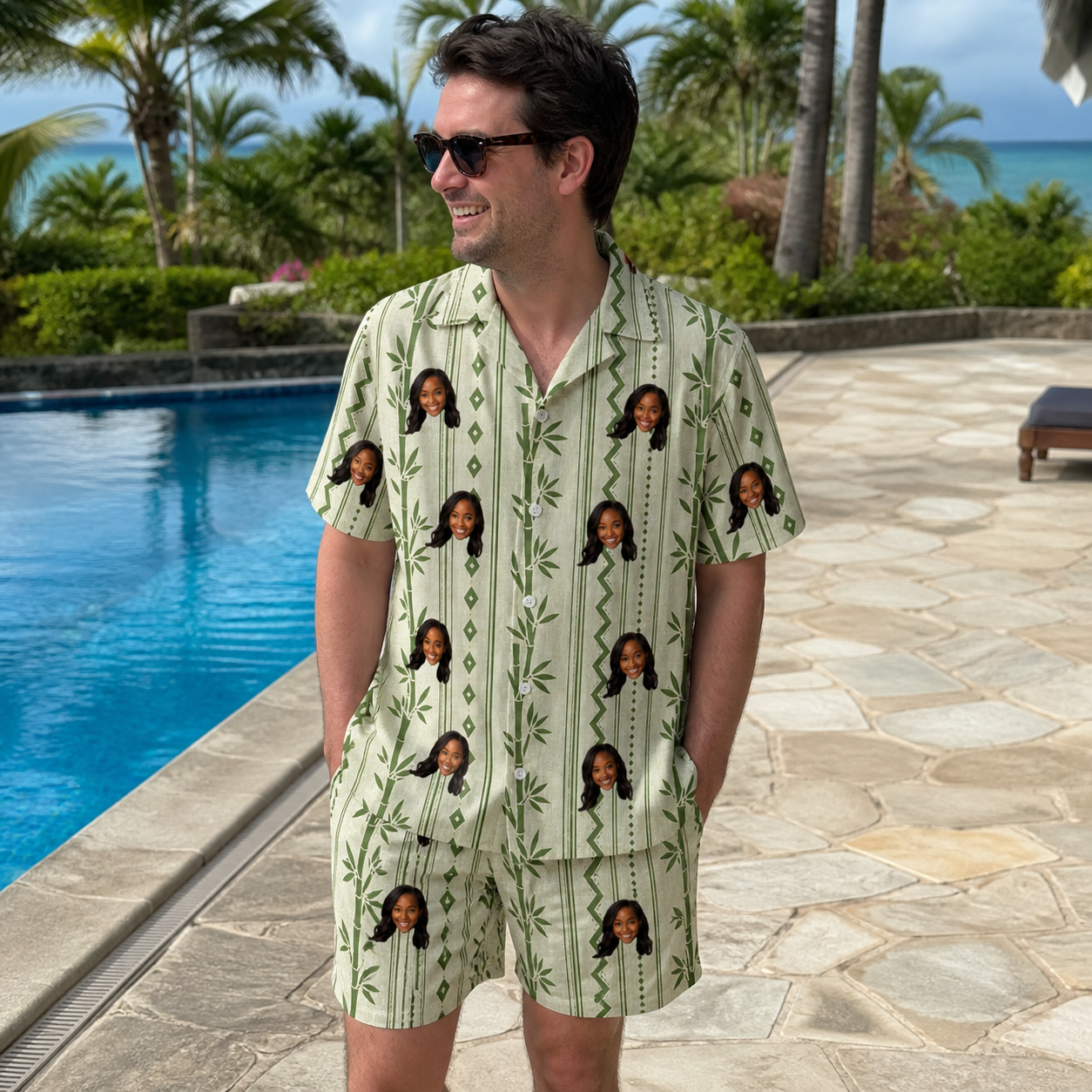 Real-life photo of someone wearing Men's Culm Conga Custom Face Shirt & Shorts Set — custom faces printed all-over