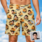 Man wearing Men's Dusk Daze Custom Face Beach Shorts — custom faces printed all-over