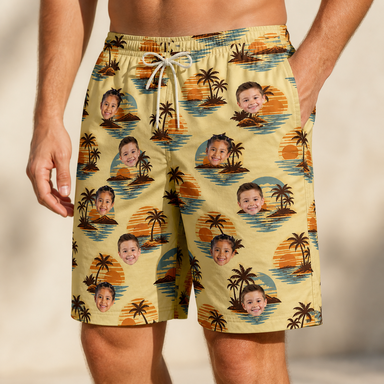 Model wearing Men's Dusk Daze Custom Face Beach Shorts printed with kids' faces