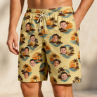 Model wearing Men's Dusk Daze Custom Face Beach Shorts printed with kids' faces