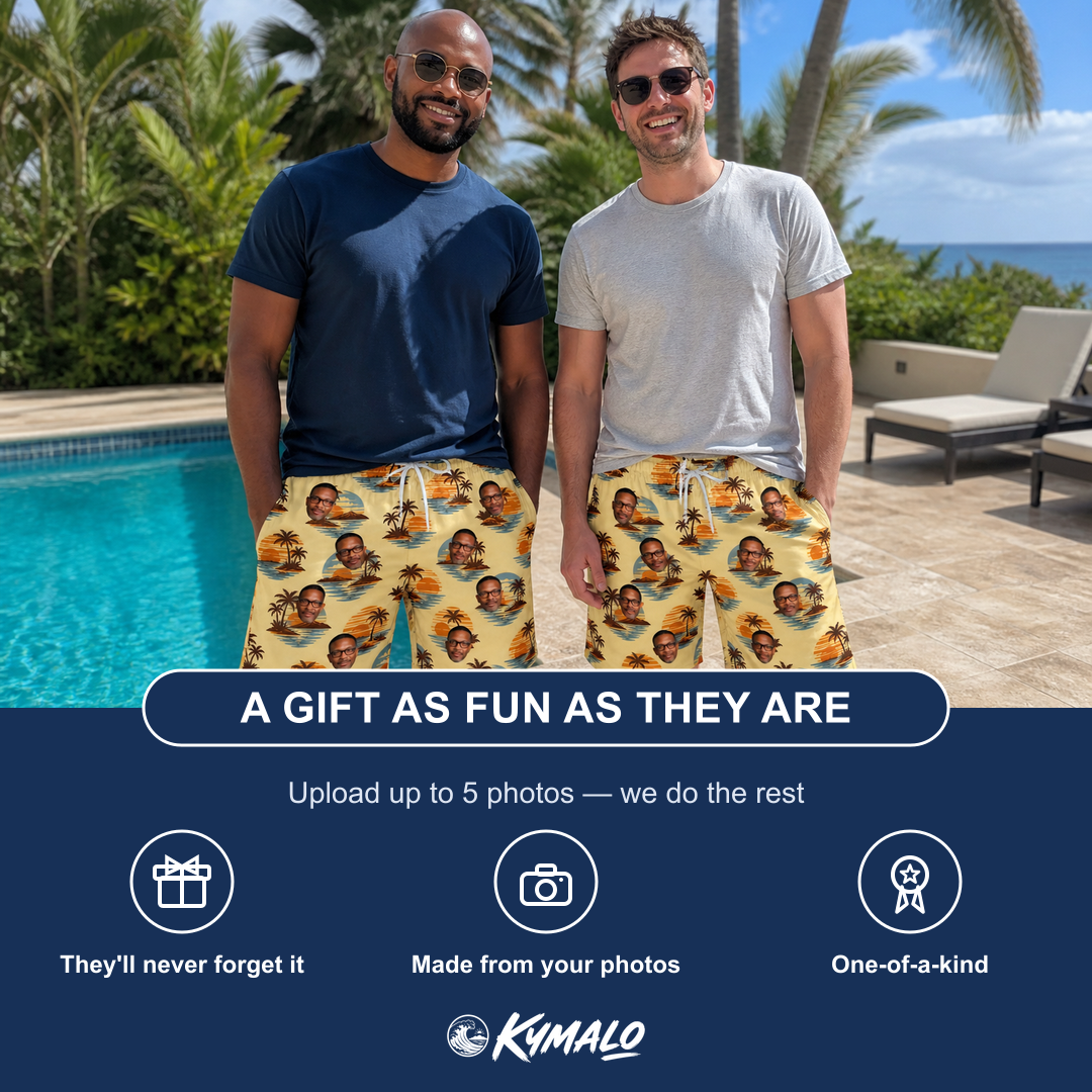 Friends in matching Men's Dusk Daze Custom Face Beach Shorts — a group gift photo