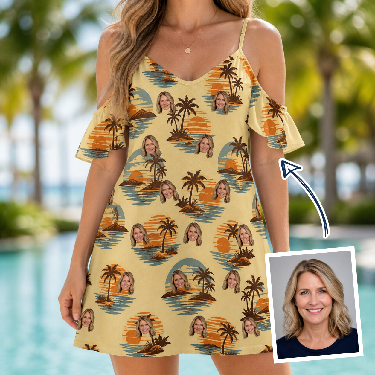 Woman wearing Women's Dusk Daze Custom Face Off-Shoulder Dress — custom faces printed all-over