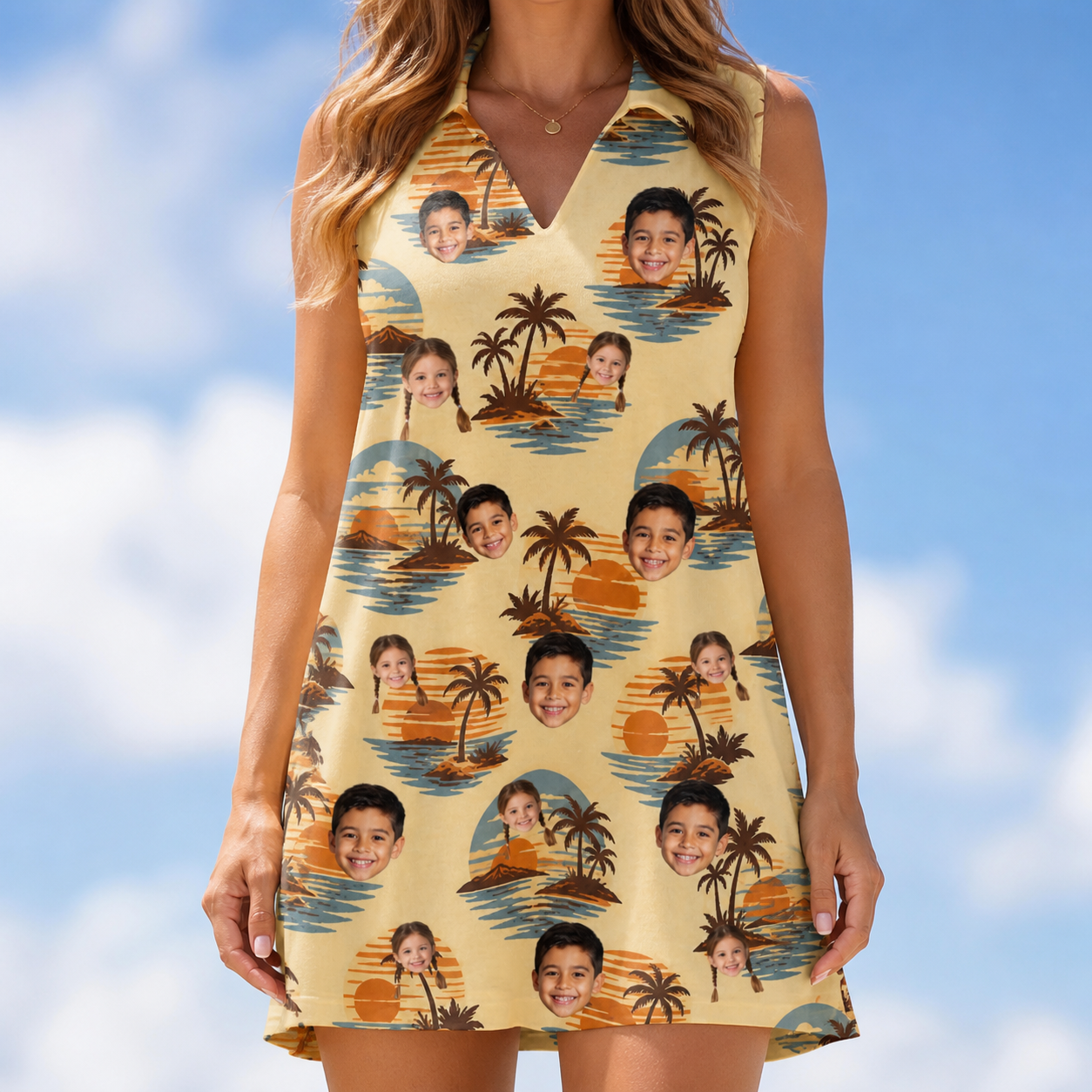Model wearing Women's Dusk Daze Custom Face V-Neck Dress printed with kids' faces