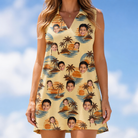 Model wearing Women's Dusk Daze Custom Face V-Neck Dress printed with kids' faces