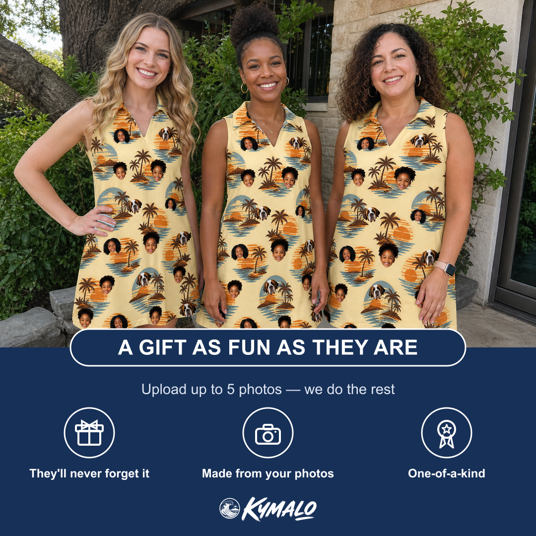 Friends in matching Women's Dusk Daze Custom Face V-Neck Dress — a group gift photo