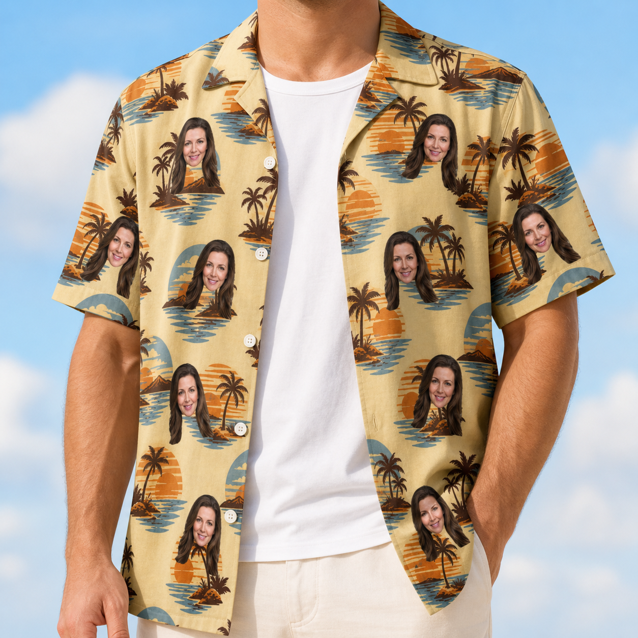 Man wearing Men's Dusk Daze Custom Face Hawaiian Shirt open over a white tee