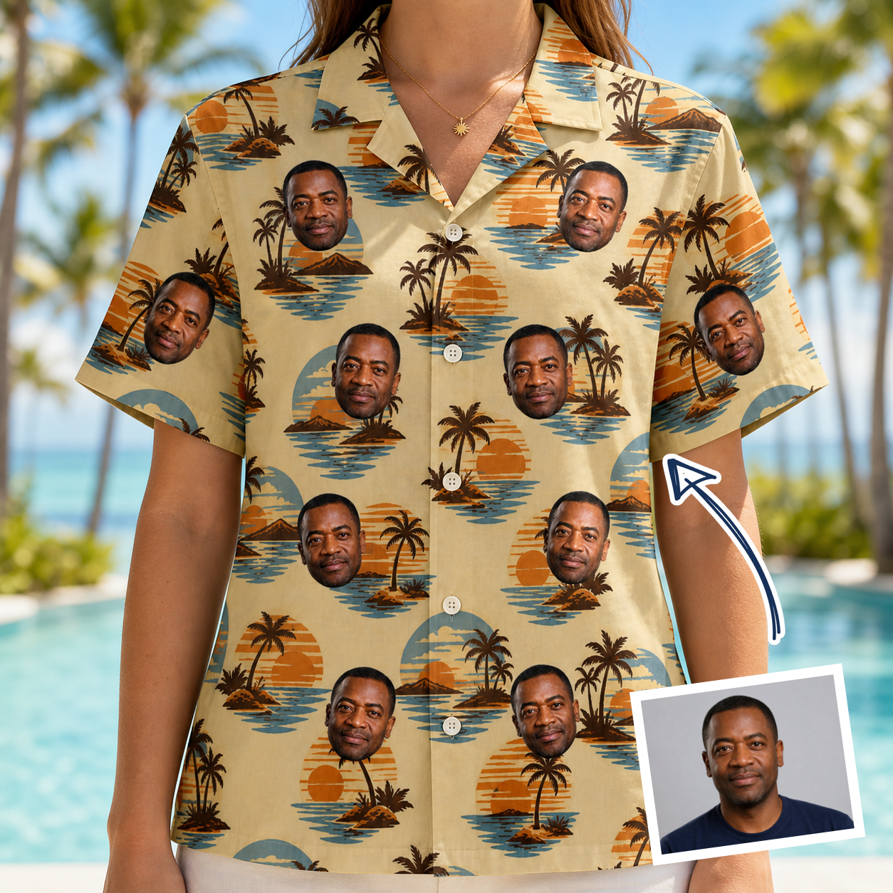 Woman wearing Women's Dusk Daze Custom Face Hawaiian Shirt — custom faces printed all-over