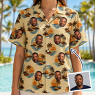 Woman wearing Women's Dusk Daze Custom Face Hawaiian Shirt — custom faces printed all-over