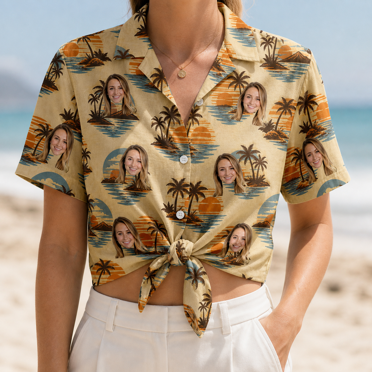 Woman wearing Women's Dusk Daze Custom Face Hawaiian Shirt tied at the waist
