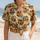 Woman wearing Women's Dusk Daze Custom Face Hawaiian Shirt tied at the waist