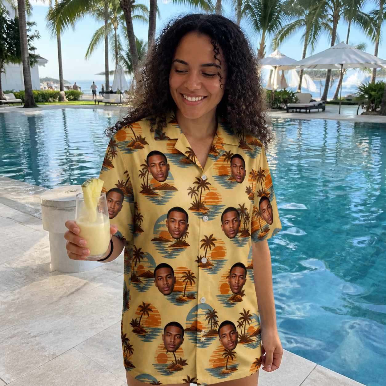 Real-life photo of someone wearing Women's Dusk Daze Custom Face Hawaiian Shirt — custom faces printed all-over